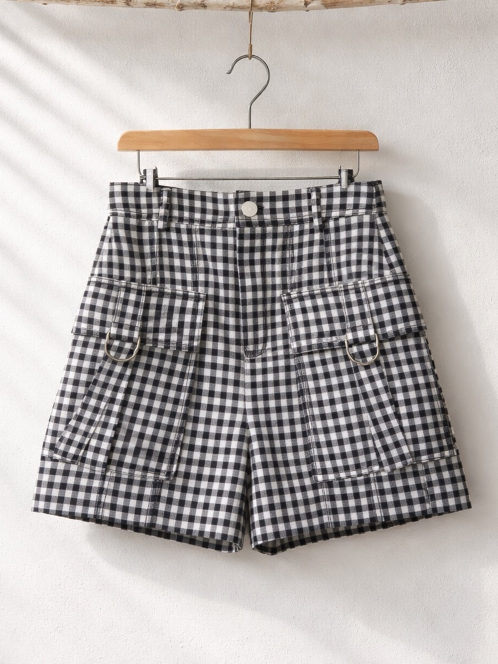 NWT Black White Gingham Plaid Cargo Shorts High Waist Summer Grunge Streetwear